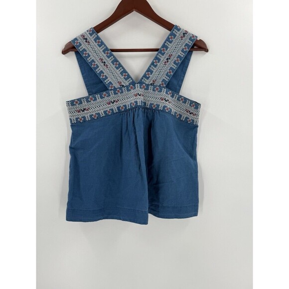 Madewell Embroidered Siesta Linen Blend Chambray Blue Smock Tank Top Size 4 EUC - Picture 5 of 13